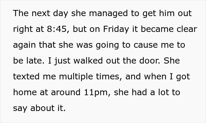 Man with two jobs leaves after jobless wife fails to get son ready for daycare on time, causing tension at home.