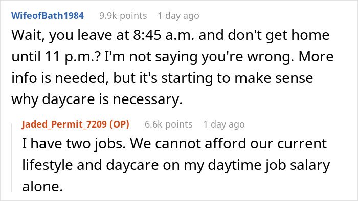Reddit comments discussing a guy with two jobs struggling as his jobless wife can’t get their son ready for daycare.