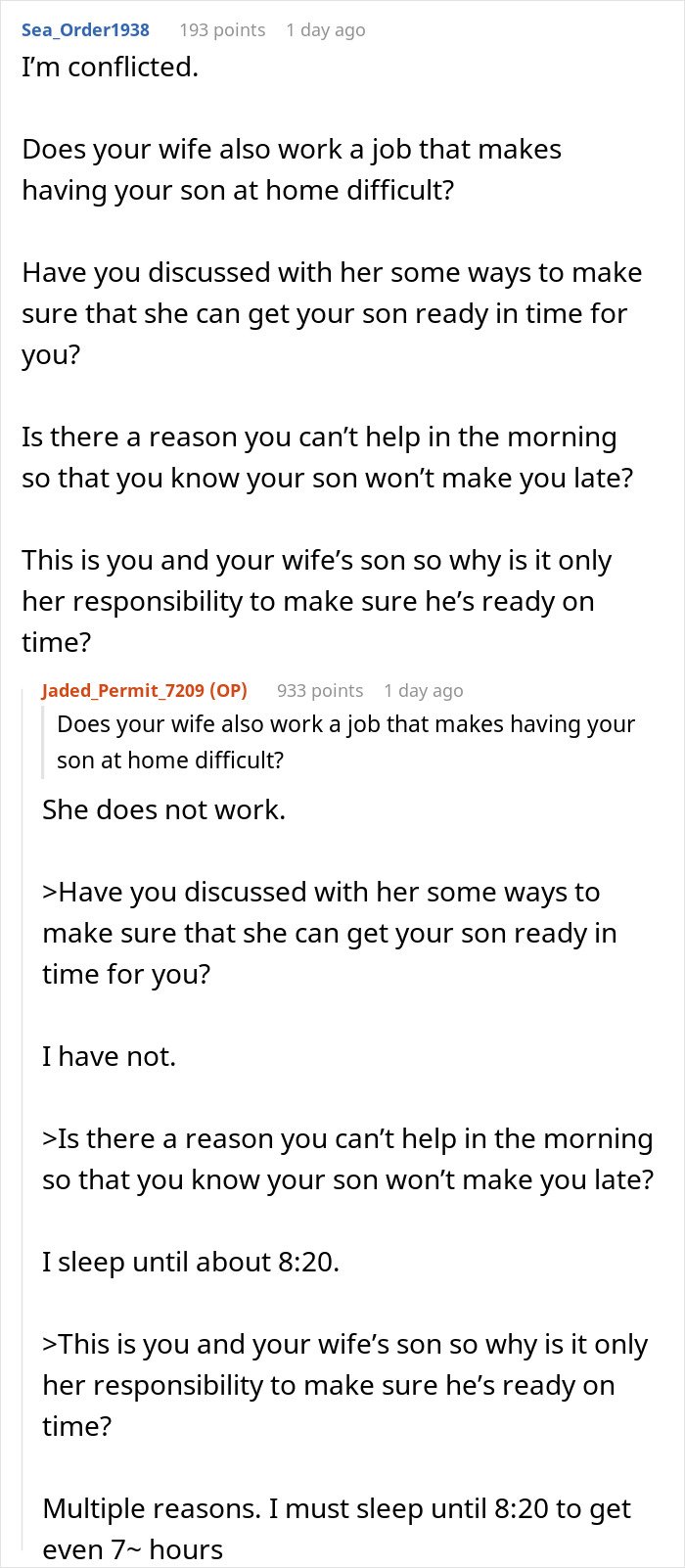 Reddit discussion about a guy with two jobs dealing with his jobless wife struggling to get their son ready on time.
