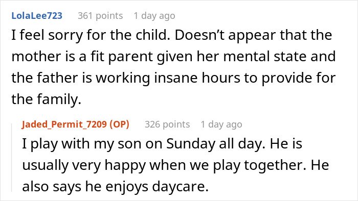 Screenshot of a social media comment discussing a guy with 2 jobs dealing with challenges getting his son ready for daycare.