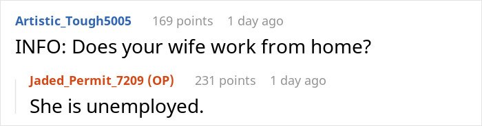 Reddit conversation showing a man with two jobs frustrated as his jobless wife struggles to get their son ready for daycare.