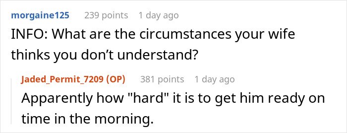 Reddit post discussing a guy with 2 jobs frustrated with his jobless wife not getting their son ready for daycare on time.