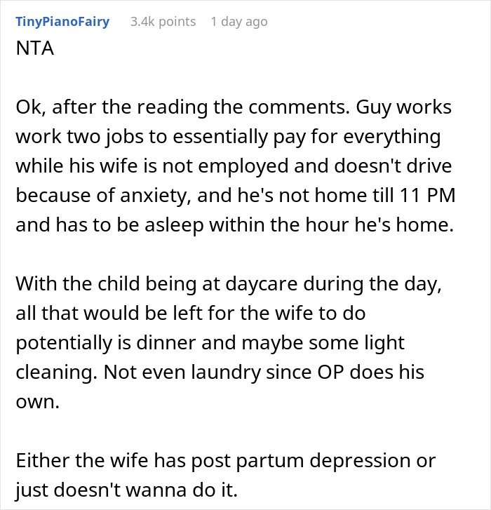 Comment discussing a guy with two jobs leaving when his jobless wife struggles to get their son ready for daycare.