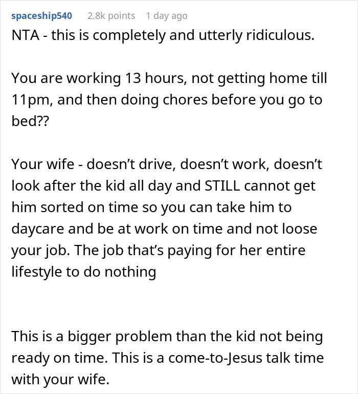 Comment discussing a guy with 2 jobs frustrated as his jobless wife cannot get their son ready in time for daycare.