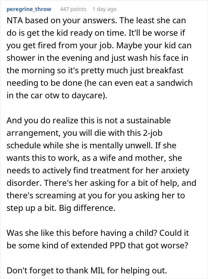 Comment about a guy with 2 jobs leaving because his jobless wife can’t get their son ready for daycare on time.