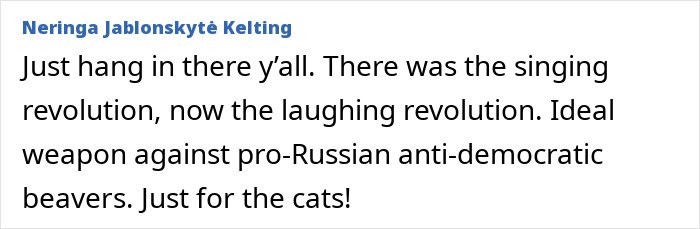 Text post by Neringa Jablonskytė Kelting about revolutions and cats as a weapon, highlighting Lithuania's lawmaker’s cat consent.