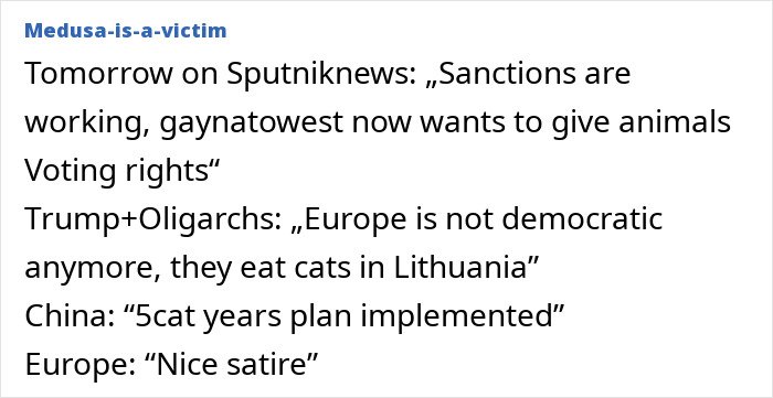 Text post discussing Lithuania lawmaker’s cat consent related to firing national broadcaster head and political satire.