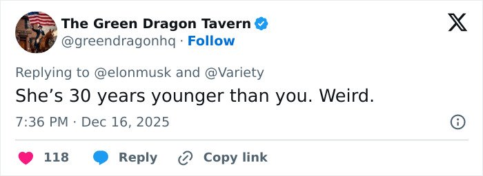 Tweet from The Green Dragon Tavern replying to Elon Musk about Sydney Sweeney’s chest, calling the comment weird and sparking online frenzy.