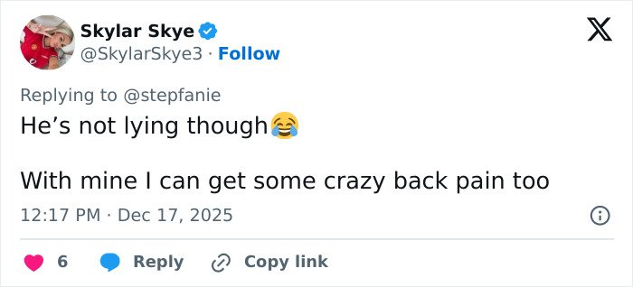 Tweet by Skylar Skye responding to back pain comments, linked to Elon Musk’s weird comment about Sydney Sweeney’s chest online frenzy.