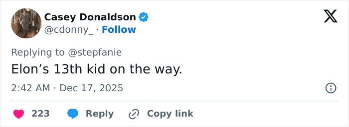 Screenshot of a tweet referencing Elon Musk’s comment, showing a reply about his family news on social media.