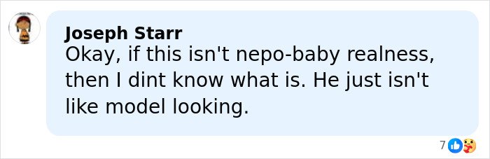 Comment criticizing Heidi Klum and son&rsquo;s Elle cover, calling him not model material and discussing nepo-baby debate.