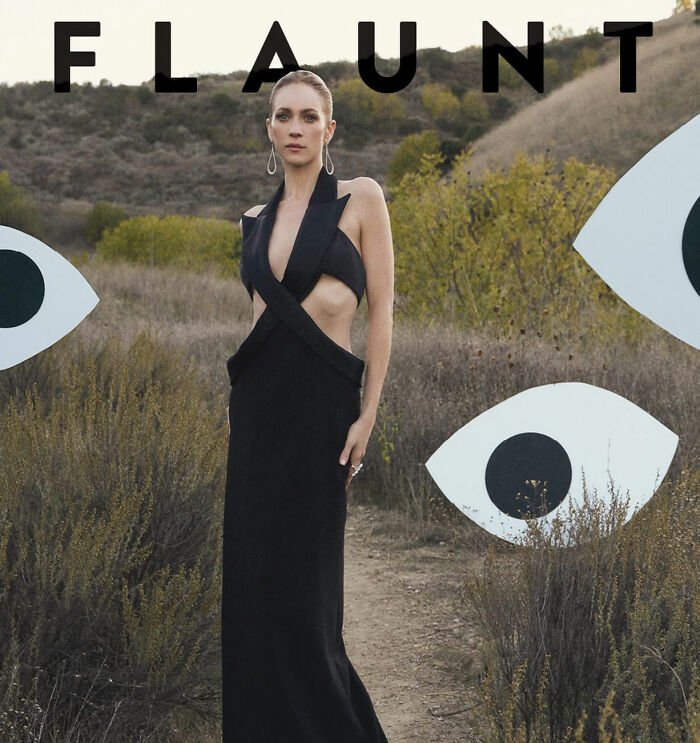 Britanny Snow posing outdoors in a black cutout dress addressing plastic surgery rumors amid netizens discussing noses.