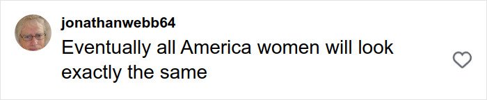Screenshot of a social media comment about America women looking exactly the same amid Britanny Snow plastic surgery rumors.