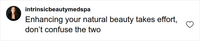 Comment from intrinsicbeautymedspa on social media discussing natural beauty amid plastic surgery rumors about Britanny Snow.