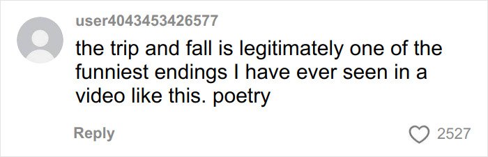 Comment reading the trip and fall as one of the funniest moments in a video, highlighting a drunken rampage incident.