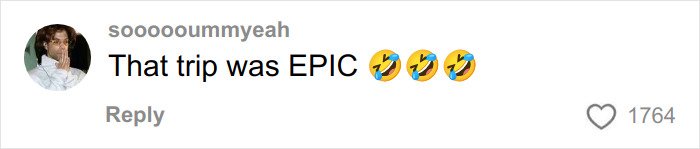 Social media comment showing enthusiastic reaction with laughing emojis reacting to an epic trip.