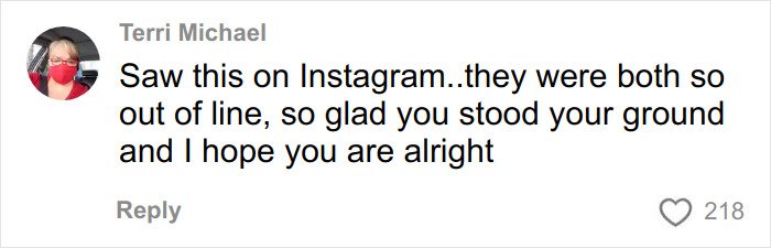 Comment from Terri Michael on social media, expressing support after a drunken rampage involving a tech executive.
