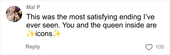 Comment praising a satisfying ending and calling the subjects icons, posted by Mal P with 100 likes.