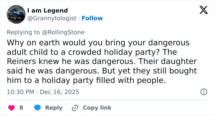 Tweet discussing Rob Reiner's son at a crowded holiday party that freaked out celebrities at Conan O'Brien's event.