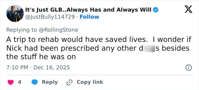 Tweet discussing rehab and prescription d***s related to Nick, replying to a Rolling Stone article about Rob Reiner&rsquo;s son at Conan O&rsquo;Brien&rsquo;s party.
