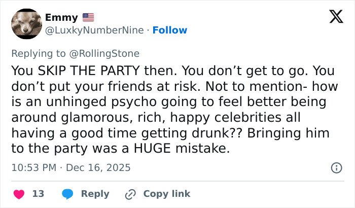 Tweet criticizing bringing an unhinged person to a celebrity party, mentioning risk and impact on guests at Conan O'Brien's event.