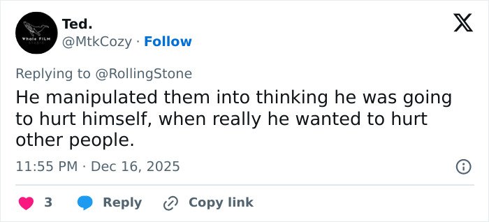 Twitter post discussing manipulation and intentions, related to what Rob Reiner's son asked celebrities at Conan O'Brien's party.