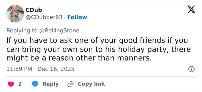 Screenshot of a tweet discussing bringing Rob Reiner&rsquo;s son to a holiday party and the reaction of celebrities at Conan O&rsquo;Brien&rsquo;s event.
