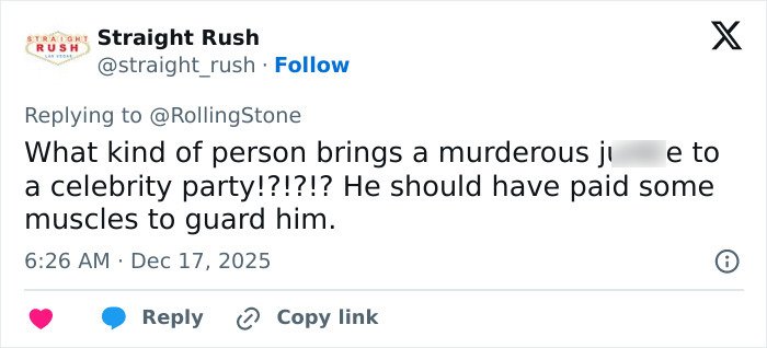 Screenshot of a tweet discussing a controversial question asked by Rob Reiner's son at Conan O'Brien's celebrity party.