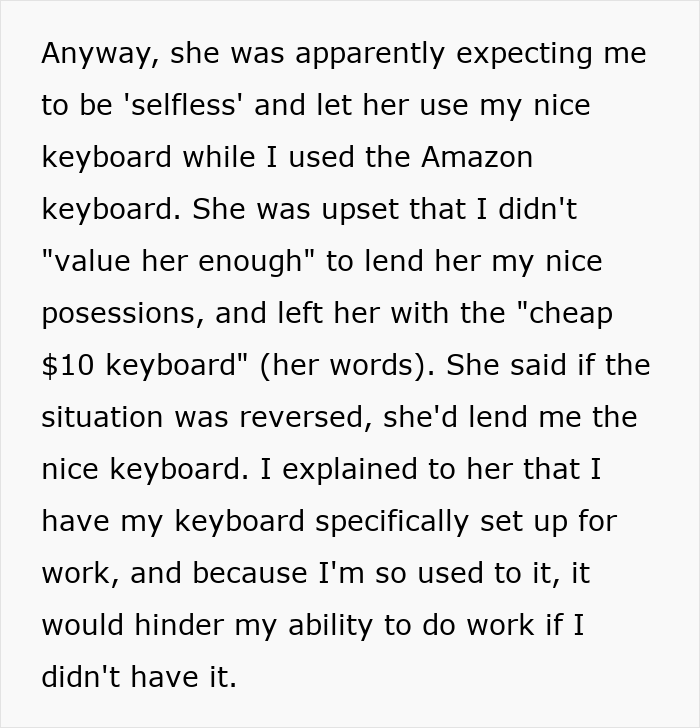 Text describing a man lending his girlfriend a spare keyboard and her upset reaction leading to their breakup.