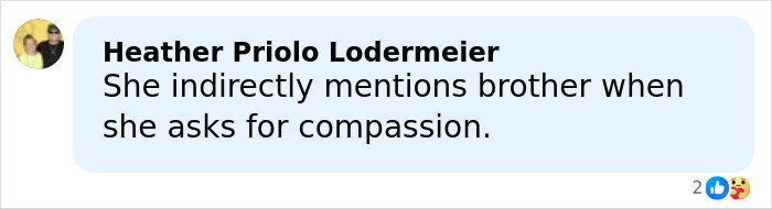 Comment by Heather Priolo Lodermeier discussing mention of brother and asking for compassion in a social media post.