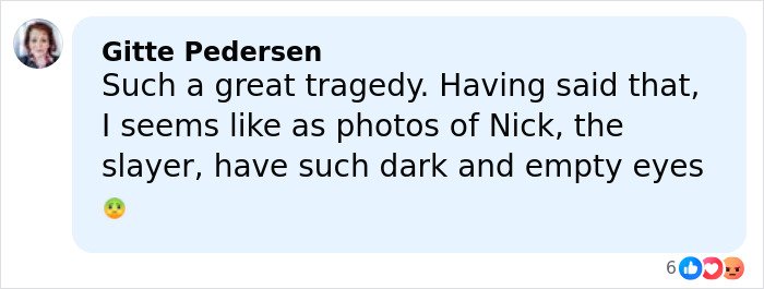 Comment by Gitte Pedersen expressing sorrow about Nick the slayer with dark and empty eyes following Rob Reiner&rsquo;s children&rsquo;s statement.