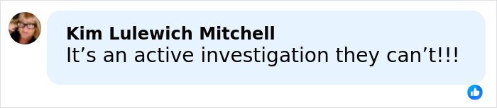 Comment on social media post by Kim Lulewich Mitchell stating an active investigation cannot proceed, related to Rob Reiner&rsquo;s children Jake and Romy.