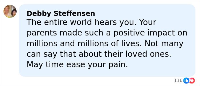 Comment from Debby Steffensen expressing sympathy and support for Rob Reiner&rsquo;s children after brother Nick gets charged.