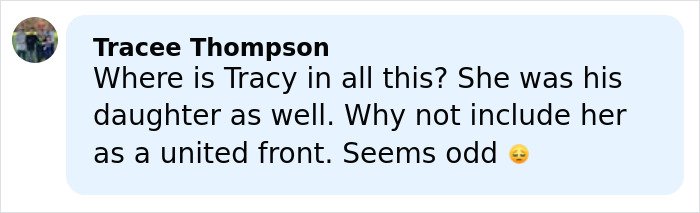 Comment from Tracee Thompson questioning the exclusion of Tracy in Rob Reiner&rsquo;s children Jake and Romy breaking silence.