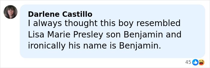 Comment by Darlene Castillo discussing resemblance and name connection related to Riley Keough and John Travolta’s son Ben.