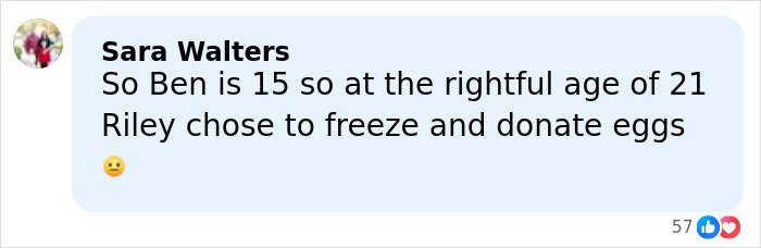Comment by Sara Walters discussing Riley Keough freezing and donating eggs related to John Travolta’s son Ben.