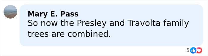 Comment from Mary E. Pass mentioning Presley and Travolta family trees combined in a light blue chat bubble.