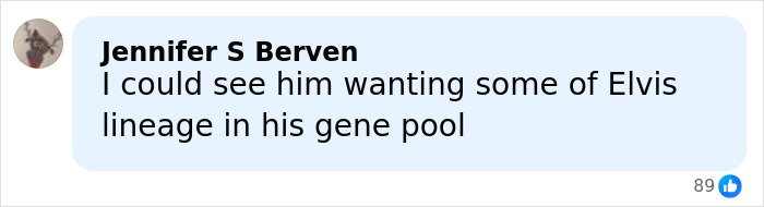 Comment mentioning gene pool and Elvis lineage in relation to Riley Keough and John Travolta’s son Ben’s biological mother topic.