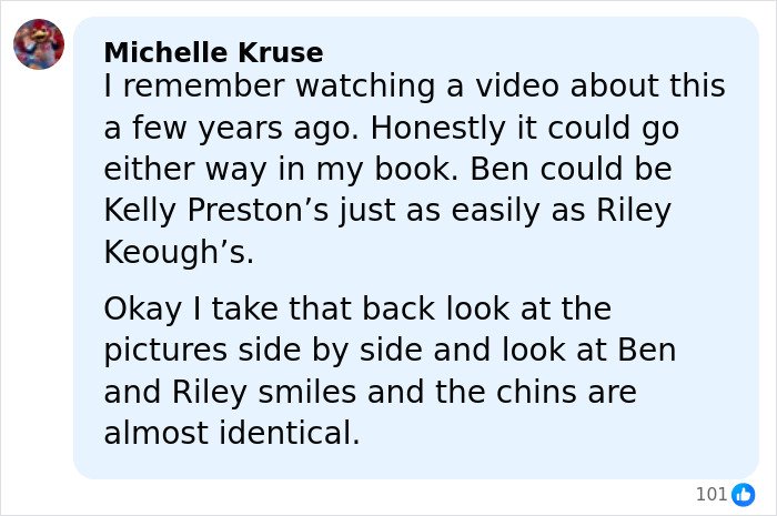 Comment discussing Riley Keough and John Travolta’s son Ben, comparing their smiles and chins closely.