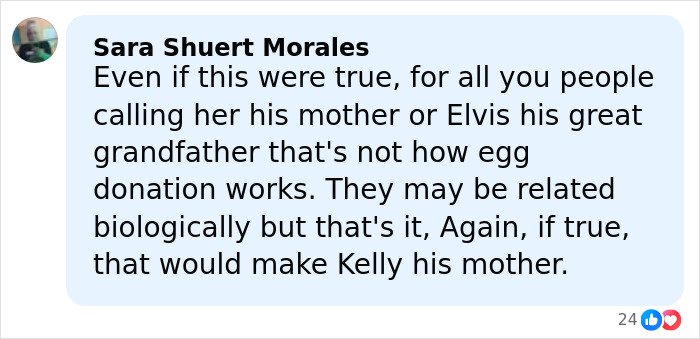 Comment by Sara Shuert Morales discussing Riley Keough and John Travolta’s son Ben’s biological mother claim.