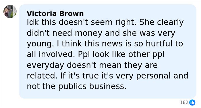 Comment by Victoria Brown discussing the personal and sensitive nature of Riley Keough and John Travolta court docs.