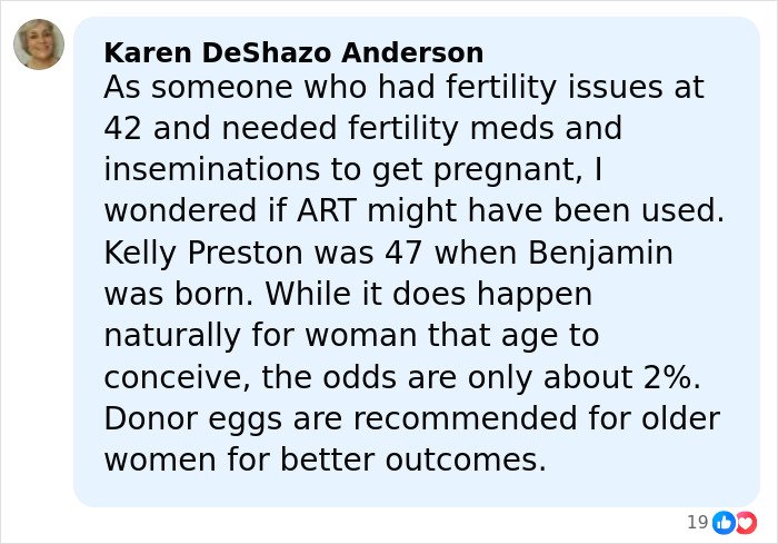 Comment by Karen DeShazo Anderson discussing fertility issues related to Riley Keough and John Travolta’s son Ben.