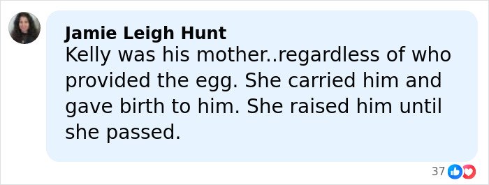 Comment by Jamie Leigh Hunt discussing Riley Keough as John Travolta’s son Ben’s biological mother in a social media post.