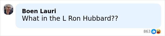 Person named Boen Lauri commenting with text expressing surprise about L Ron Hubbard, displayed in a social media style interface.