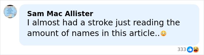 Text message from Sam Mac Allister expressing surprise at the number of names in an article about Riley Keough and John Travolta’s son Ben.