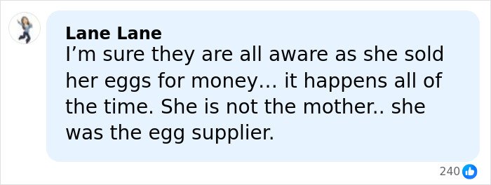 Comment discussing Riley Keough’s role as biological mother and egg supplier in John Travolta’s son Ben’s case.
