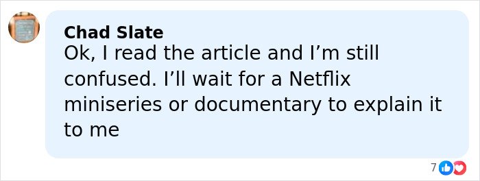 Comment by Chad Slate mentioning reading an article about Riley Keough and John Travolta’s son Ben, with confusion and waiting for a Netflix documentary.