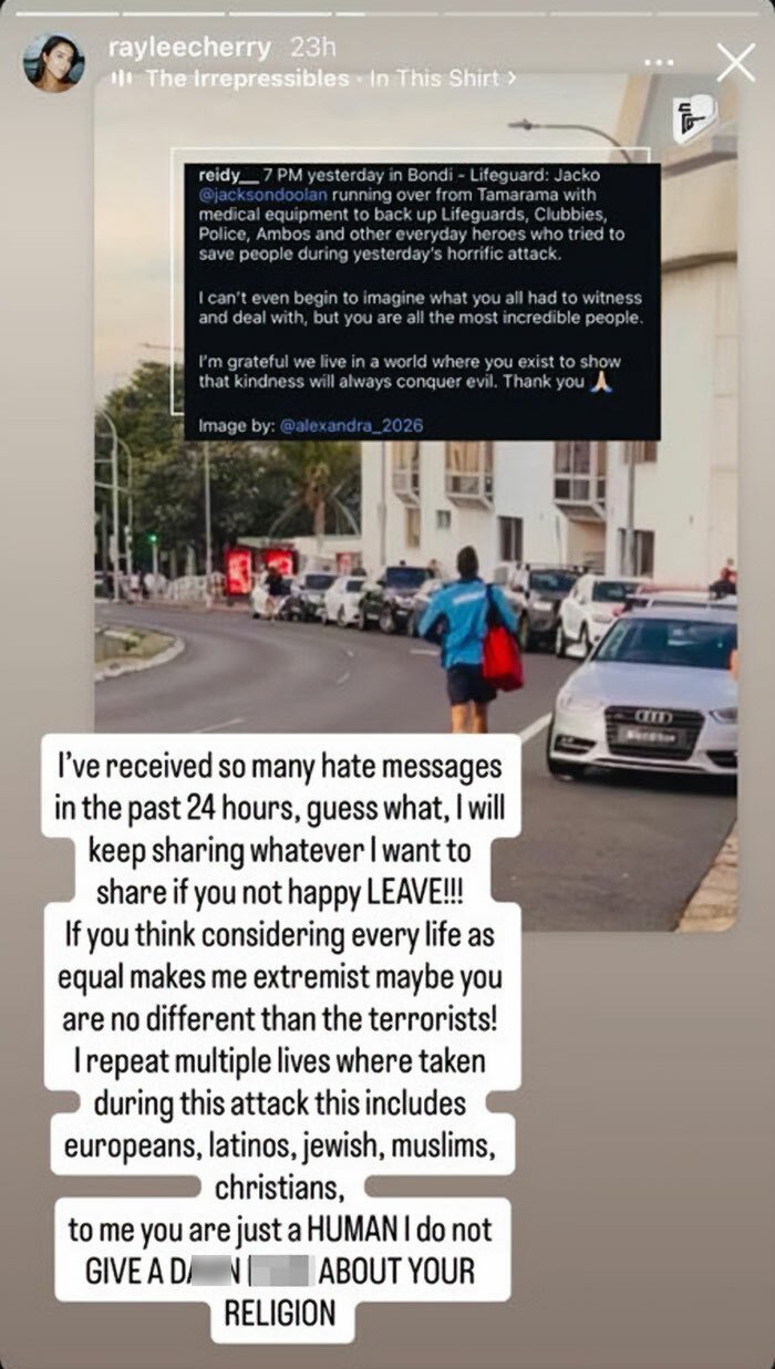 Instagram story post by swimwear model responding to outrage with tone deaf posts after Bondi Beach attack, street scene background.