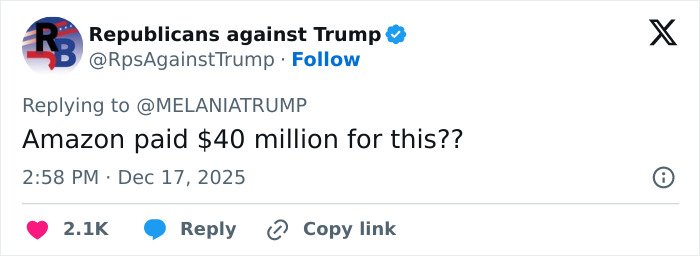 Tweet from Republicans against Trump criticizing Melania Trump’s new documentary and its $40 million Amazon deal.