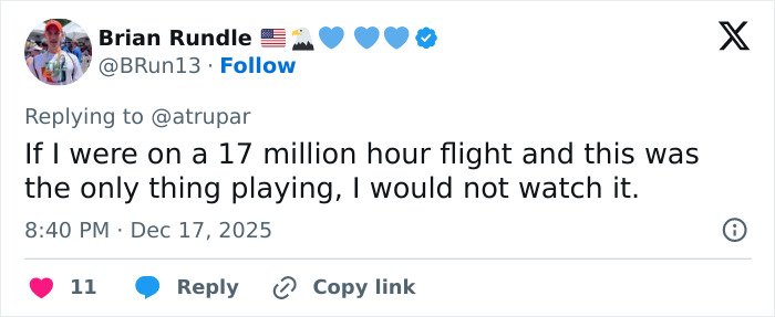 Tweet from Brian Rundle expressing refusal to watch Melania Trump’s new documentary despite a long flight.